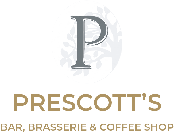 Logo for Prescott's Bar, Brasserie & Coffee Shop featuring a large stylized "P" in gray, with the name in gold below and a tree silhouette in the background.